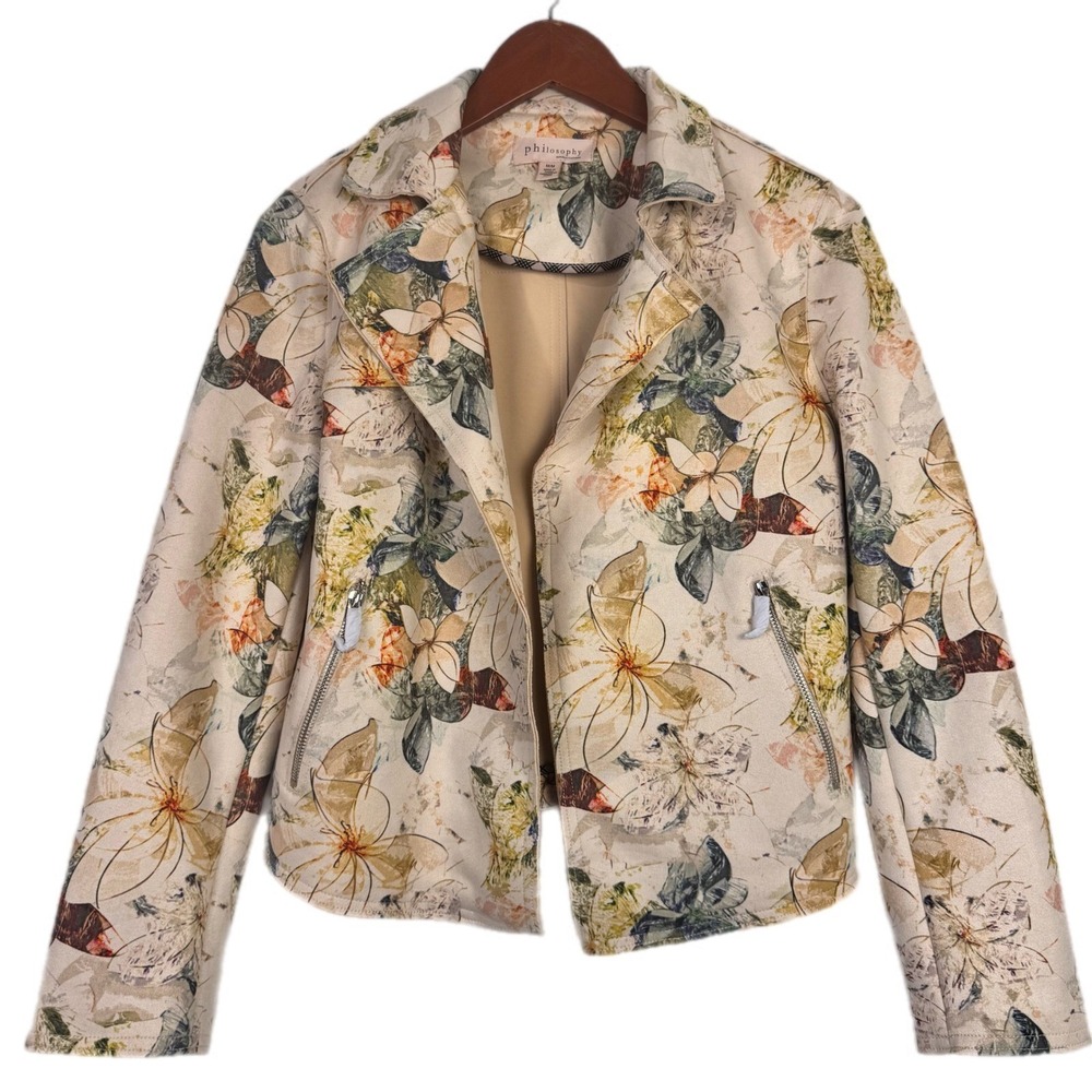 Philosophy Moto Jacket Women Medium Cream Floral Faux Leather Open Front Pockets